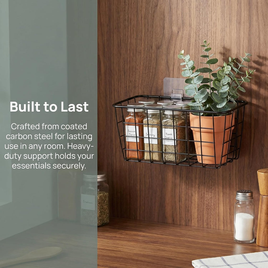 2 Set Adhesive Hanging Wall Basket Inside Cabinet Door Organizer,Wall Storage Basket-No Drilling Adhesive wall Basket for Cupboard Door,Space-Saving Small Hanging Baskets for Wall Mount Storage,Black