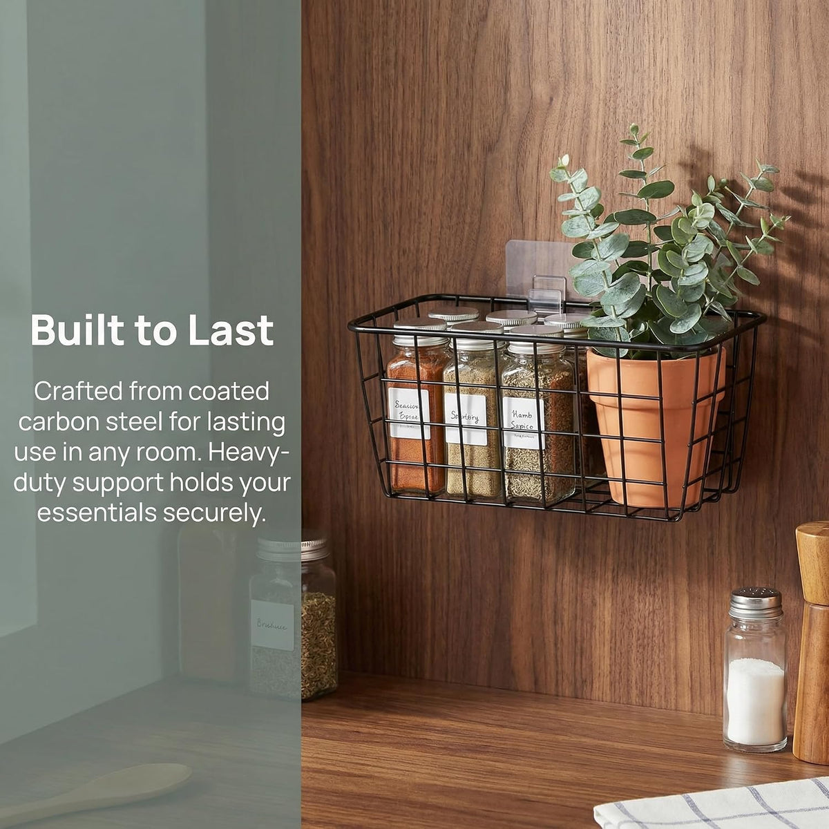 2 Set Adhesive Hanging Wall Basket Inside Cabinet Door Organizer,Wall Storage Basket-No Drilling Adhesive wall Basket for Cupboard Door,Space-Saving Small Hanging Baskets for Wall Mount Storage,Black
