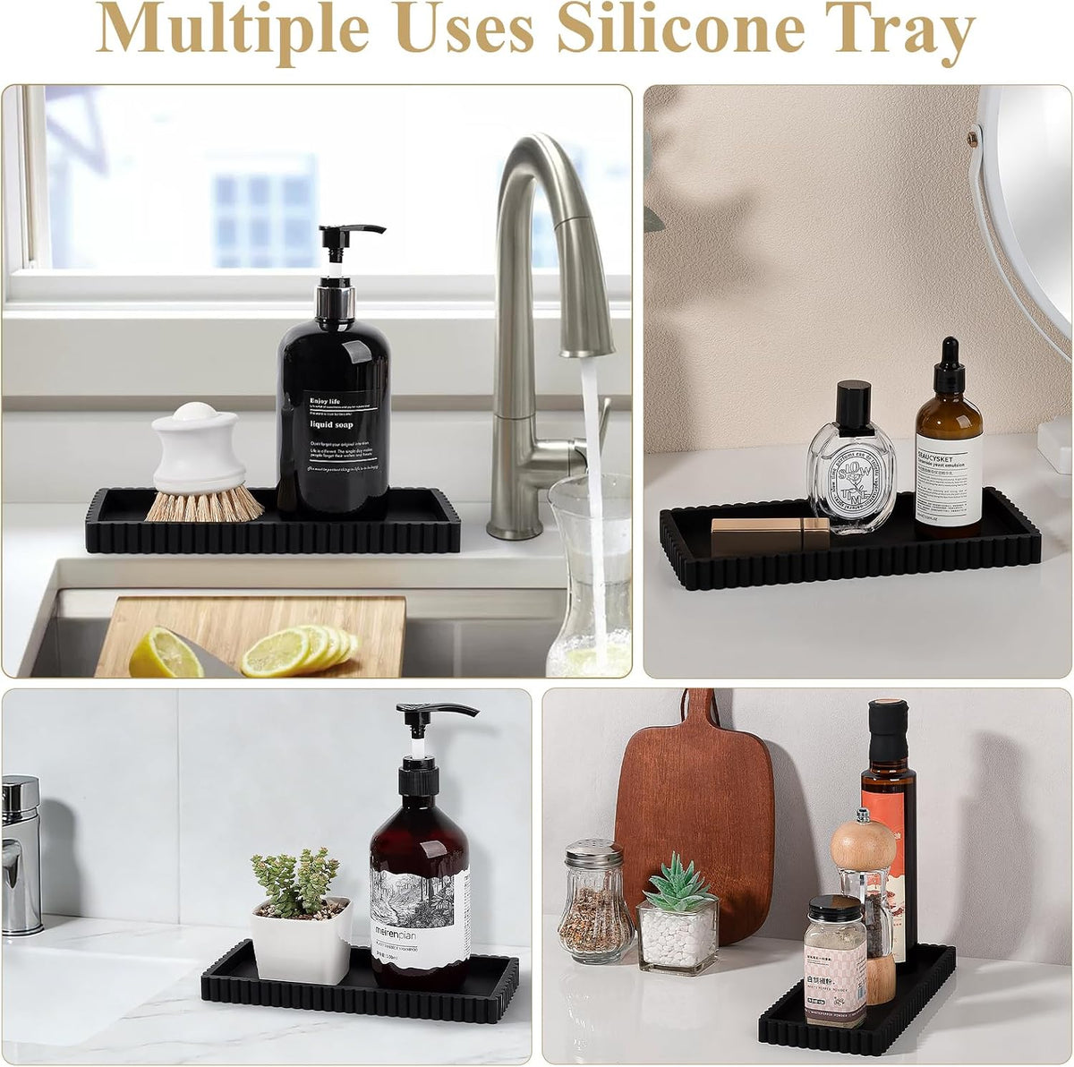 Silicone Bathroom Tray Small Vanity Tray Kitchen Counter Decor, Black