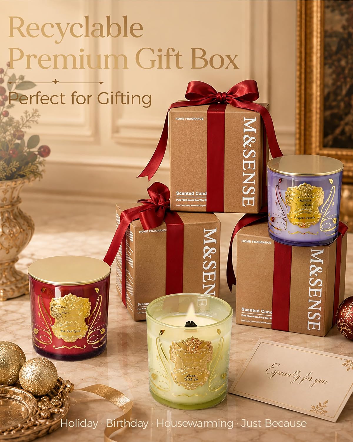 M&SENSE Jasmine White Tea Scented Crackling Wooden Wick Candle 13oz 75h