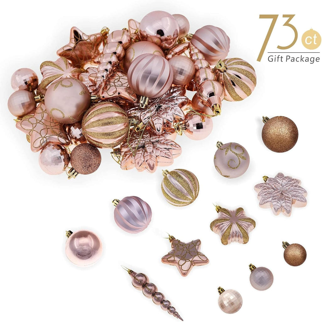 73ct Assorted shatterproof Christmas Ornaments Luxury Collection Set in Reusable Hand-held Gift Package for Christmas Tree Decoration (Champagne)