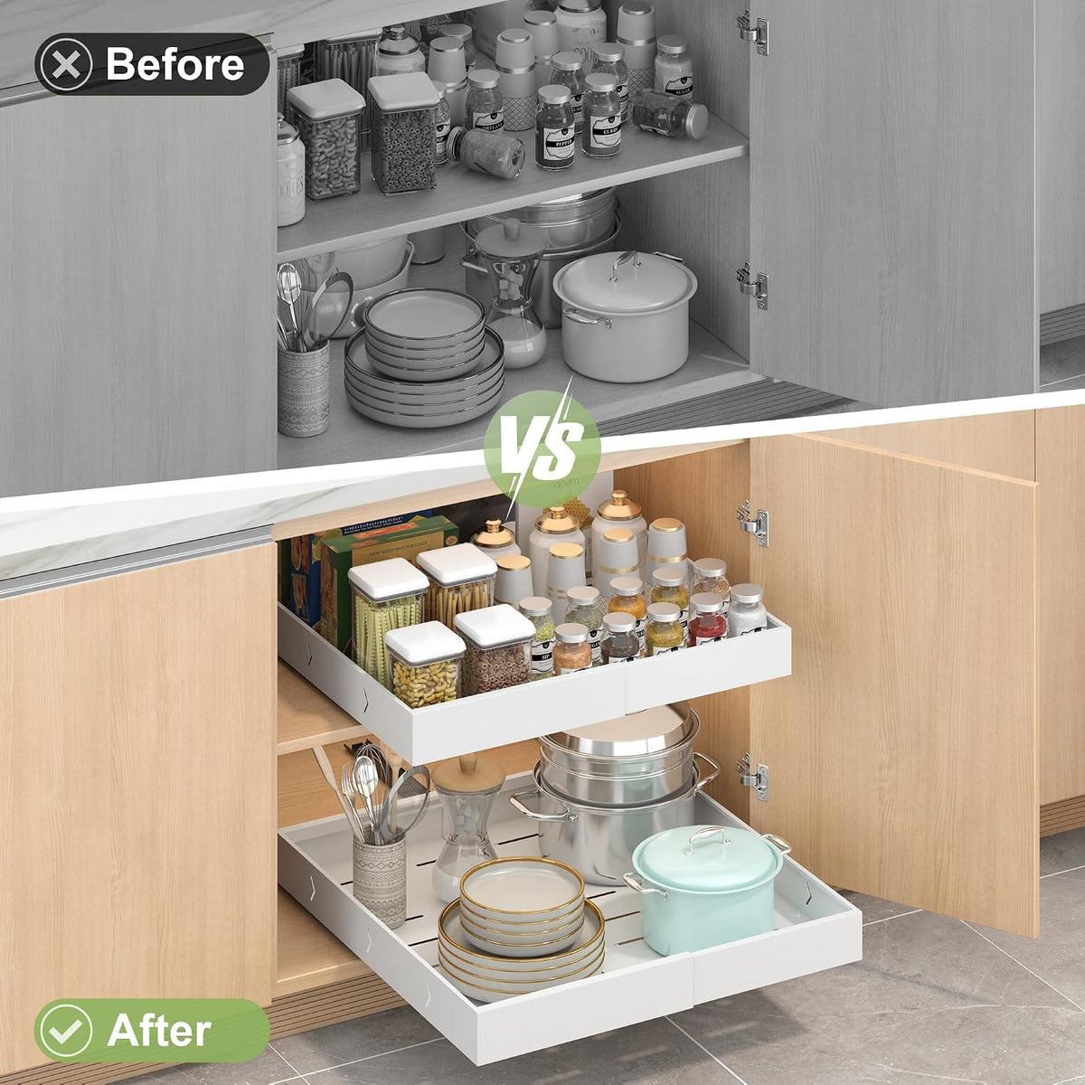 2-Pack-Expandable-Pull-Out-Cabinet-Organizers, No Drill Slide Out Drawers