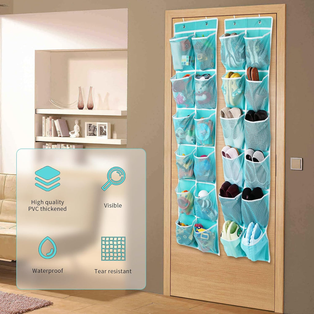 GOMAJI 2PK Over the Door 12 Large Pockets Hanging Shoe Organizer, Turquoise