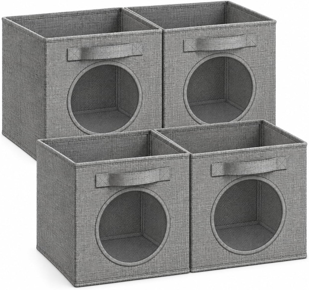 Storage Cubes with Mesh Window, 13'' Cube Storage Bin, Dark Gray, 4 Pack