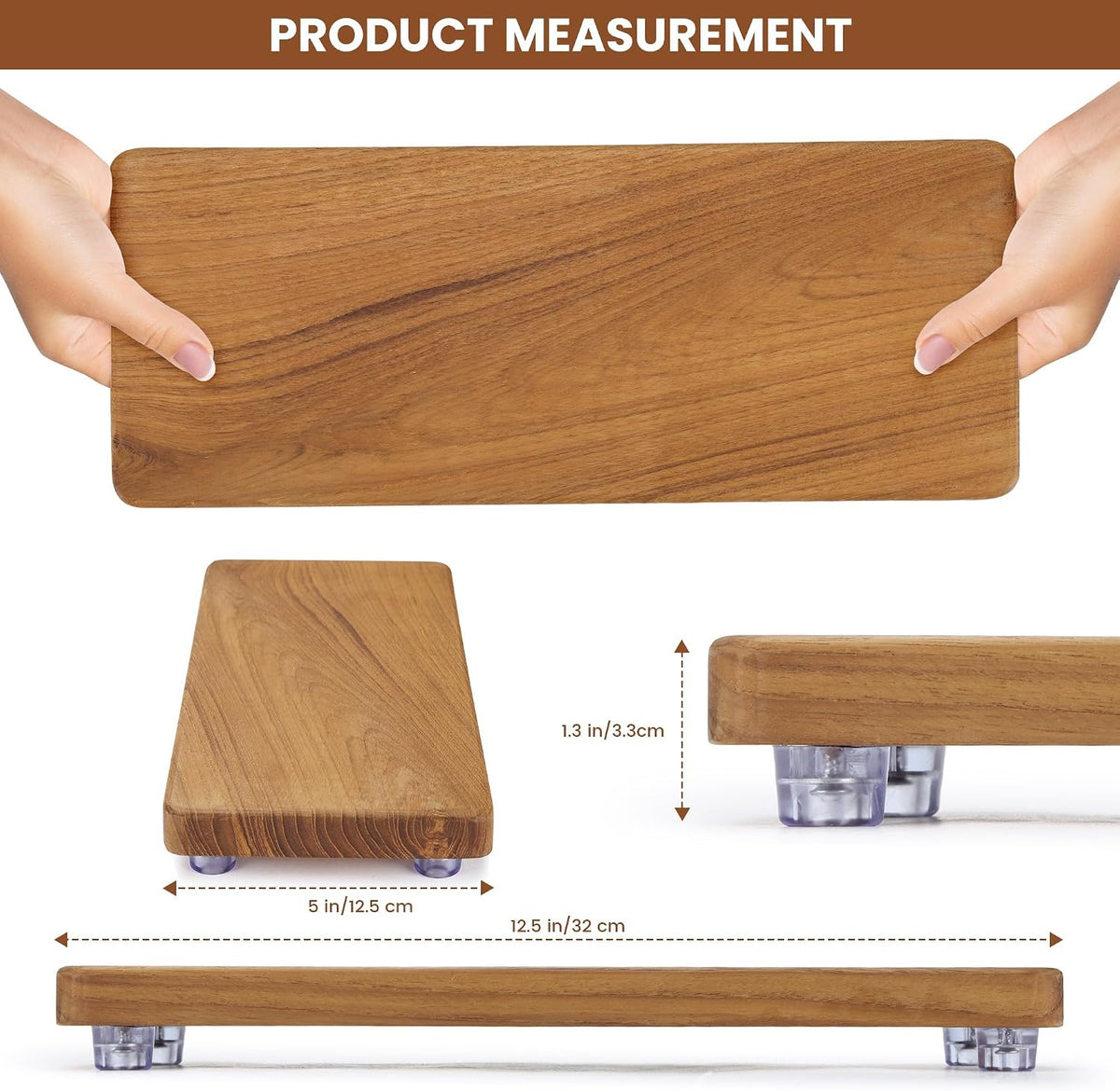 Solid Teak Wood Riser Tray, 12.6x5 inch Whole-Piece Teak Pedestal Stand, Vintage Rustic Bathroom Soap Dish Holder for Vanity Counter Sink, Candle Plant Essential Oil and Yacht Display, Brown L1