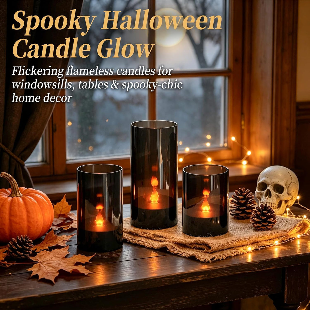 3Pcs Black Halloween Flameless LED Pillar Candles,Flame Light with Remote