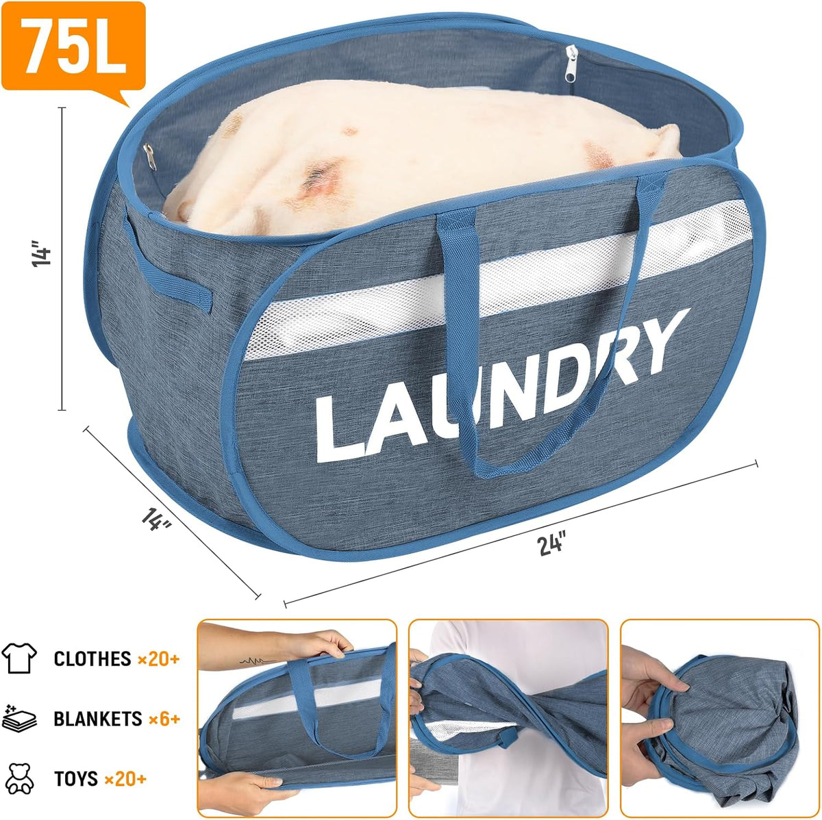 Collapsible Laundry Baskets with Lid, Foldable Clothes Hamper with Reinforced Handles, Sturdy Pop Up Hampers for Laundry, Tear Proof & Easy to Carry Laundry Hamper for Home, Dorm, Travel Blue