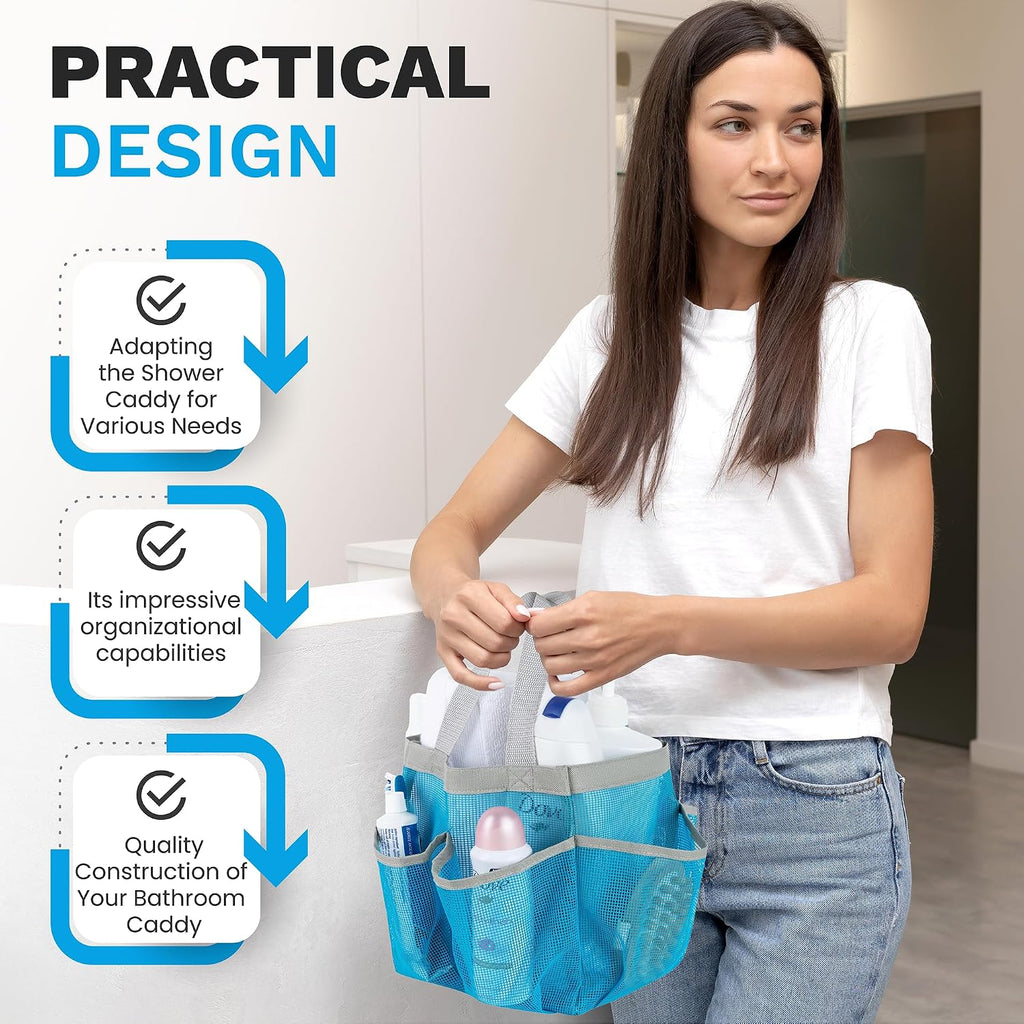 Handy Laundry Mesh Shower Caddy - 7 Pocket Portable Bathroom Organizer Tote for Travel, Gym & Dorm - Collapsible Small Shower Caddy Bag to Hold Toiletries & Essentials (Blue)