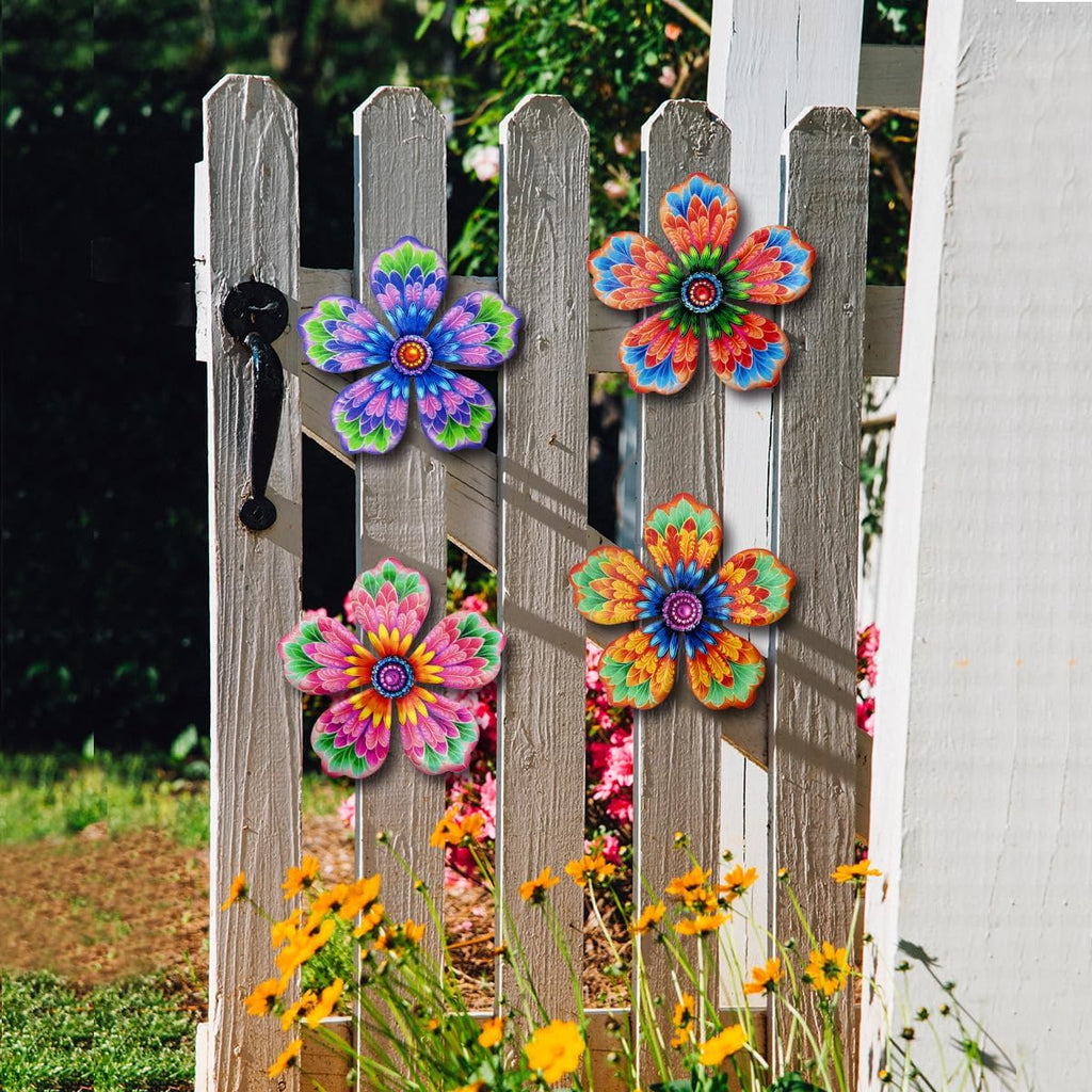 Giyyomtr Metal Flowers Wall Decor - 4pcs Metal Wall Art Hanging Decorations for Outdoor Fence Garden Yard Patio Decor