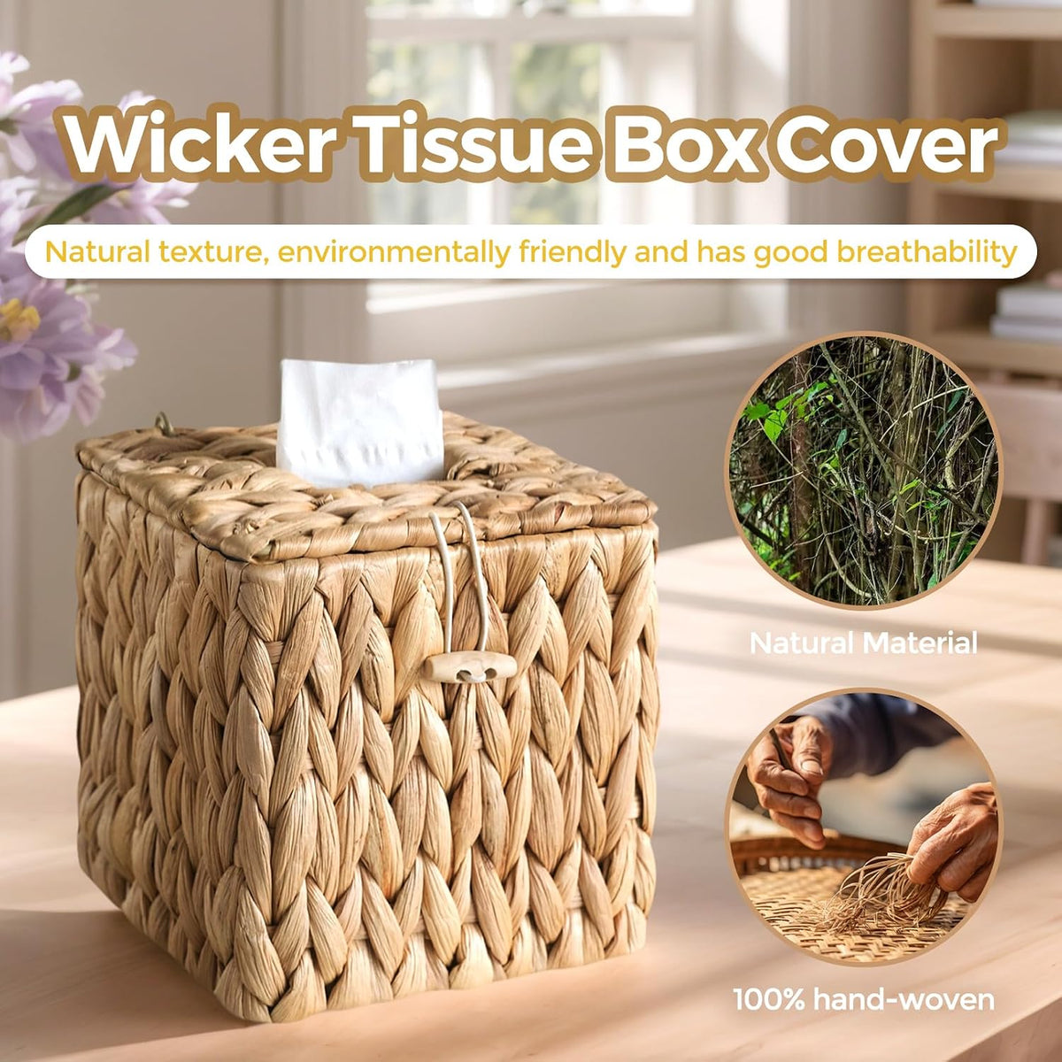 Rattan Tissue Box Cover with Lid, Wicker Tissue Box Holder Square