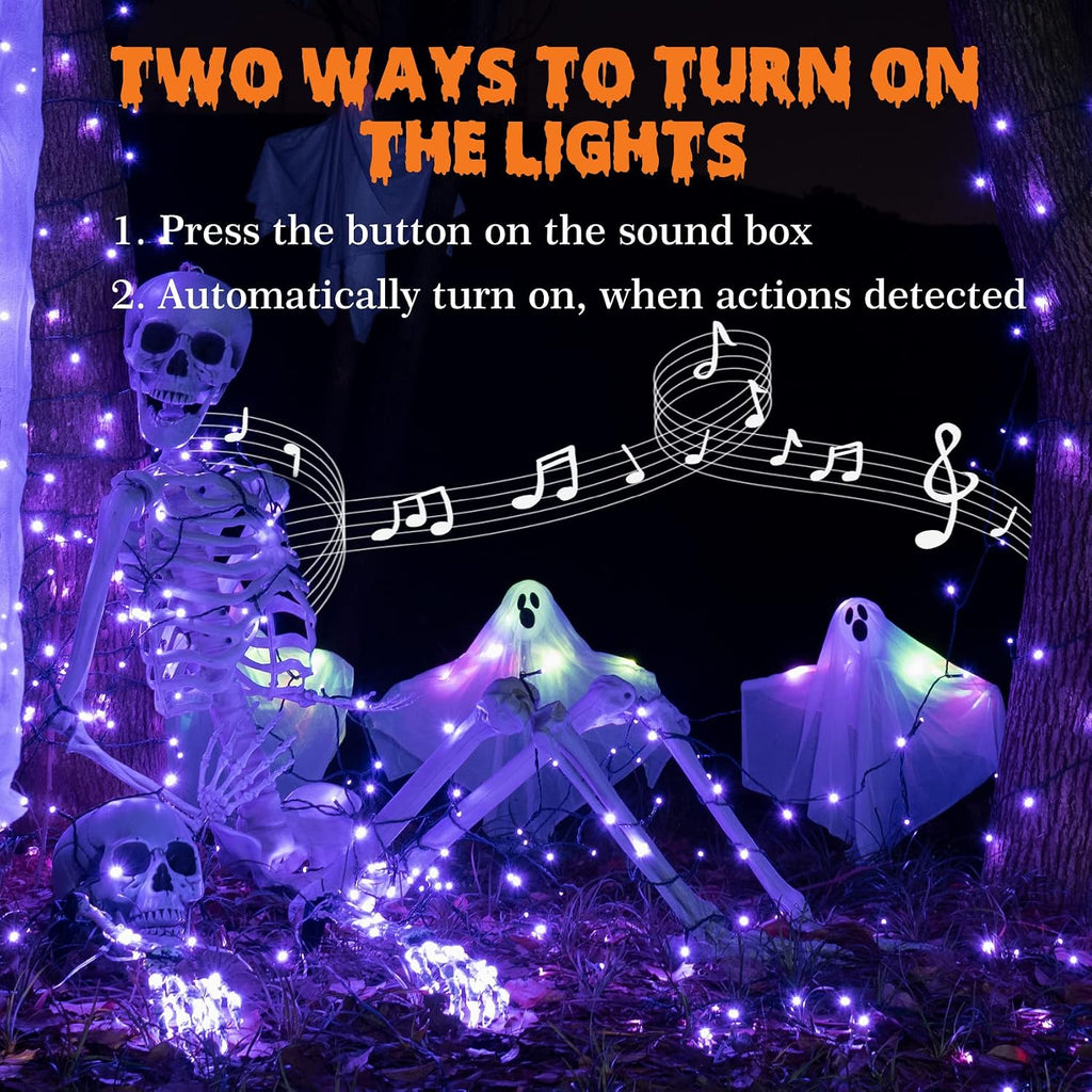 Rotu Halloween Lights Outdoor 114.8 ft 300 LED String Lights with Music Sync Spooky Sounds Halloween Decorations Fairy Lights Indoor Waterproof for Yard Porch Haunted House Decor (Purple)