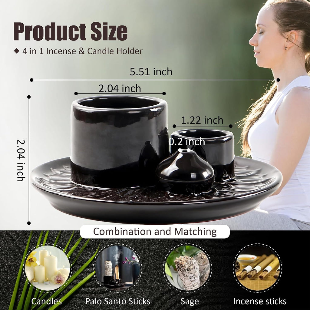 4 in 1 Ceramic Incense Burner, Sage Holder for Burning Bowl, Palo Santo Sticks Holder, Smudge Stick Ash Catcher Tray for Meditation Yoga Room (Blue)