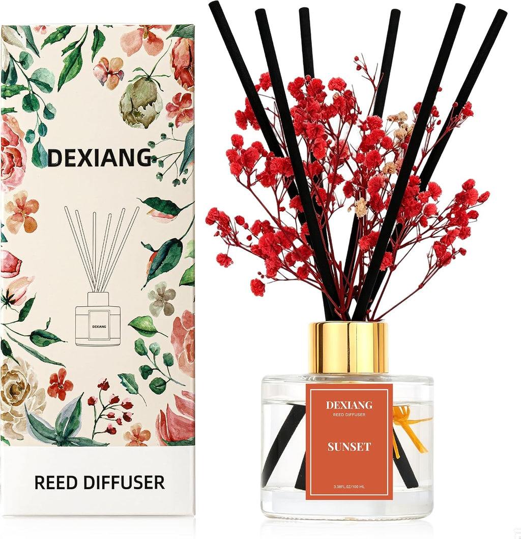 Reed Diffuser Set,3.38 fl oz (100 ml) Sunset Oil Diffusers with 6 Reed Sticks for Bathroom Shelf Decor Home Fragrance Reed Diffuser