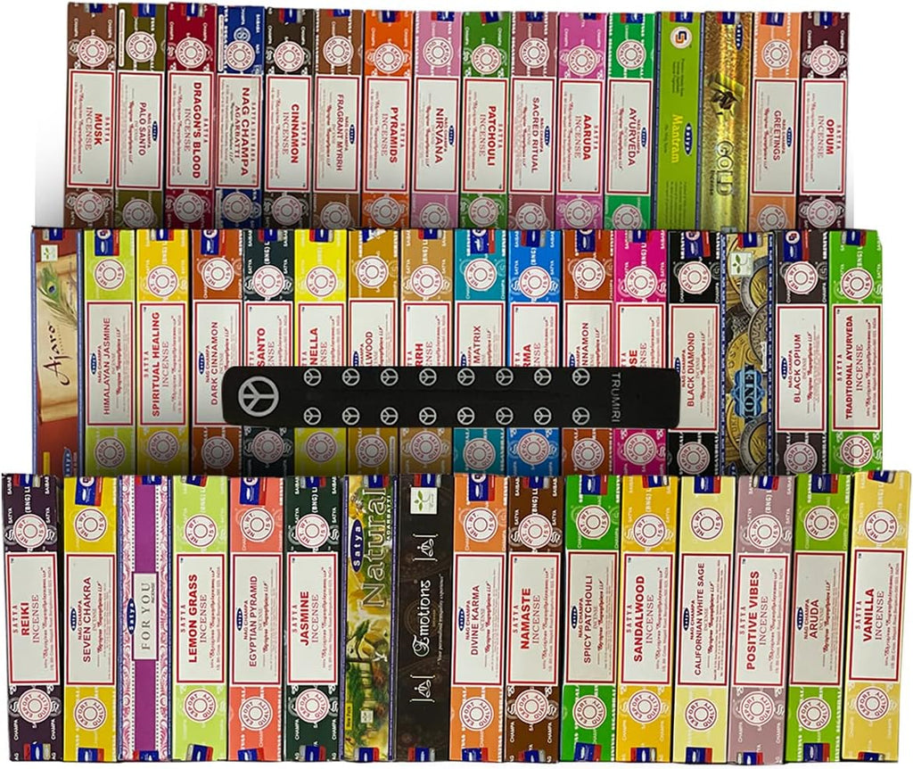 Satya Incense Sticks Variety Pack of 12 Randomly Selected Fragrances and Incense Stick Holder Bundle Total 180 Sticks