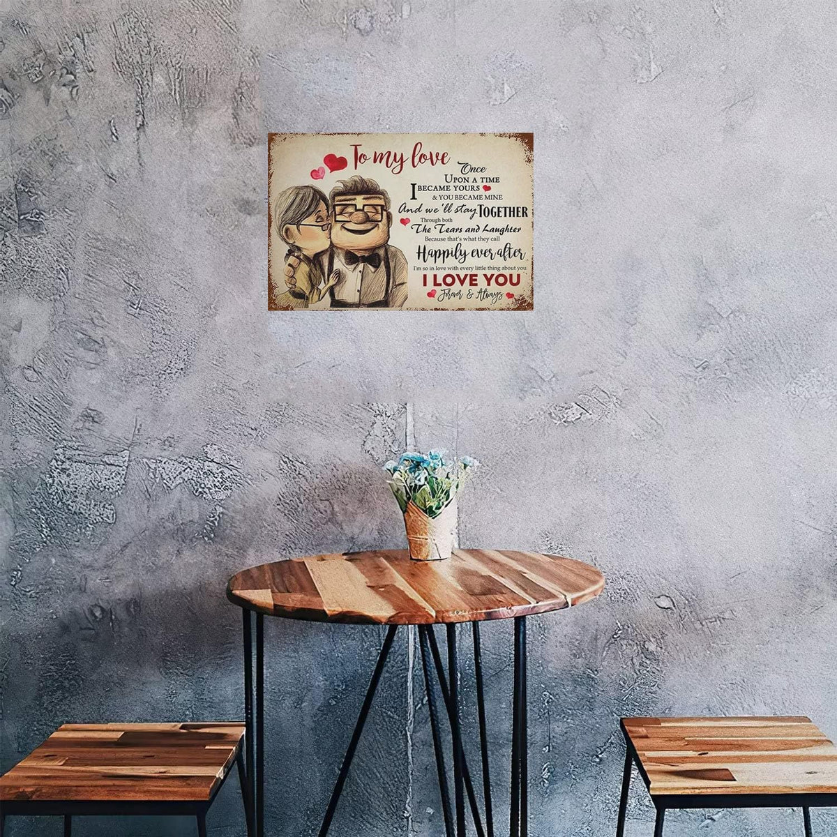 Vintage Metal Tin Sign Carl and Ellie to My Love Once Upon A Time I Became Yours I Love You Valentine's Day Sign Funny Novelty Kitchen Bar Garage Home Decor Wall Art Tin Signs 8X12 Inches