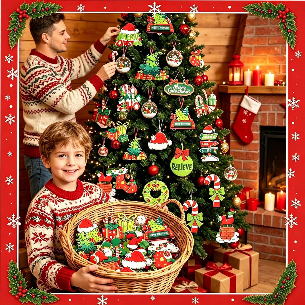 36Pcs Wooden Christmas Hanging Ornaments Set, 12 Styles Retro Cartoon Xmas Tree Decorations, Red Green Classic Color Indoor Home Holiday Decor, Bulk Small Wooden Ornaments for Tree Mantel Party Decor
