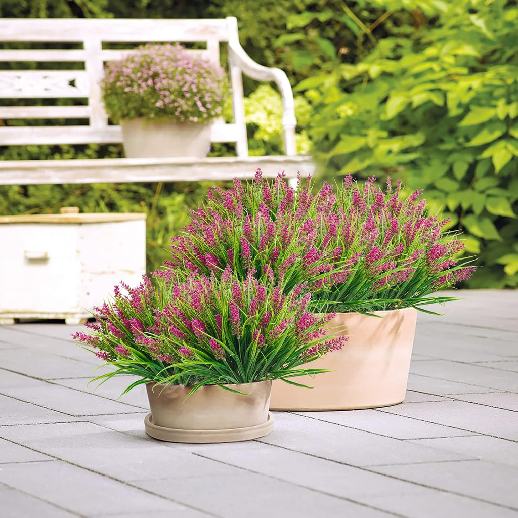 obbsie 36 Bundles Artificial Plants Outdoor, 18.2" UV Resistant Faux Monkey Grass Greenery Stems No Fade Faux Plastic Flowers Shrubs for Home Weddings Garden Porch Front Patio Office Decor - Rose Red