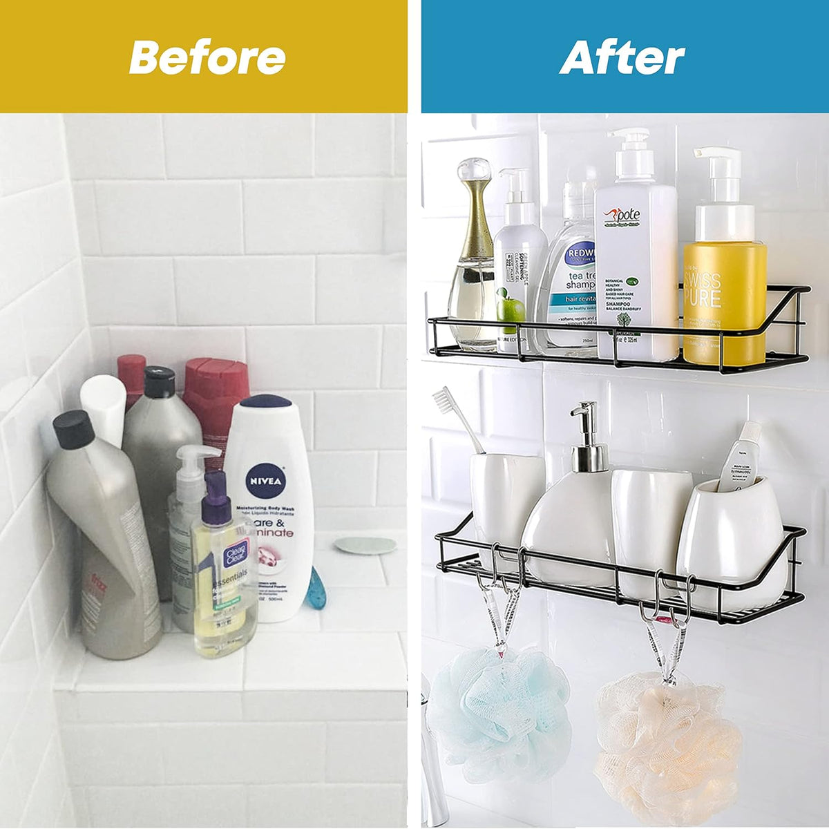KESOL Adhesive Shower Caddy, Shower Shelf Organizer, SUS304, 2 Pack, Black