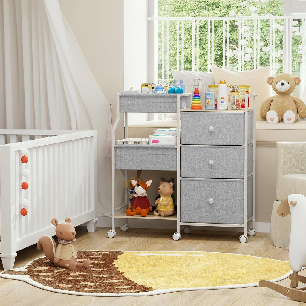 Modanais Baby Diaper Caddy Organizer Rolling Cart with Drawers, Light Gray
