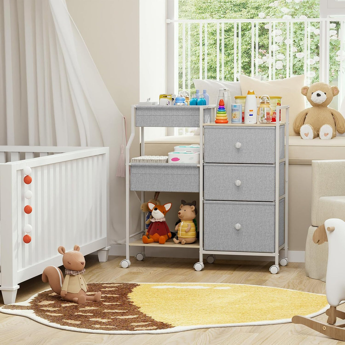 Modanais Baby Diaper Caddy Organizer Rolling Cart with Drawers, Light Gray