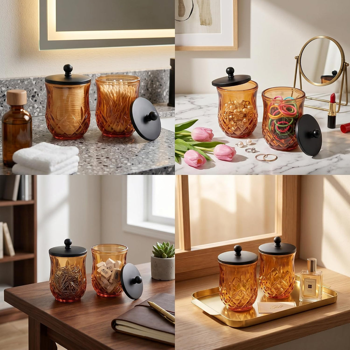 2 Pack 10Oz Amber Q-Tip Holder, Round Thick Glass