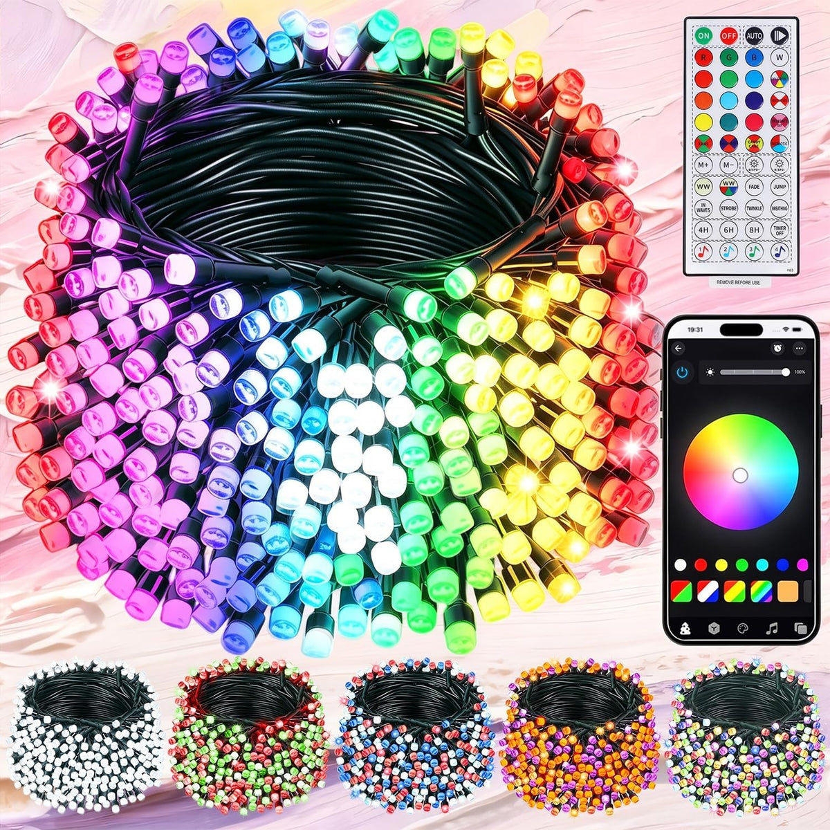 Home Lighting Smart Color Changing Halloween Lights, 66FT 200 LED RGB Christmas String Lights with Remote & App Controlled, Music Sync Multiple Mode, Waterproof Indoor Outdoor Holiday Tree Party Decor