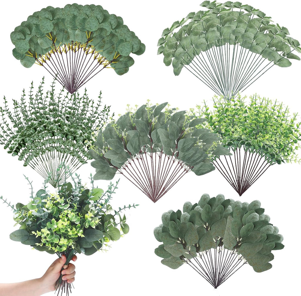 Ceenna 400 Pcs 6 Kind Mixed Eucalyptus Leaves Stem Bulk Artificial Greenery