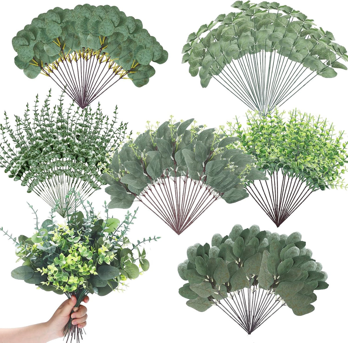 Ceenna 400 Pcs 6 Kind Mixed Eucalyptus Leaves Stem Bulk Artificial Greenery