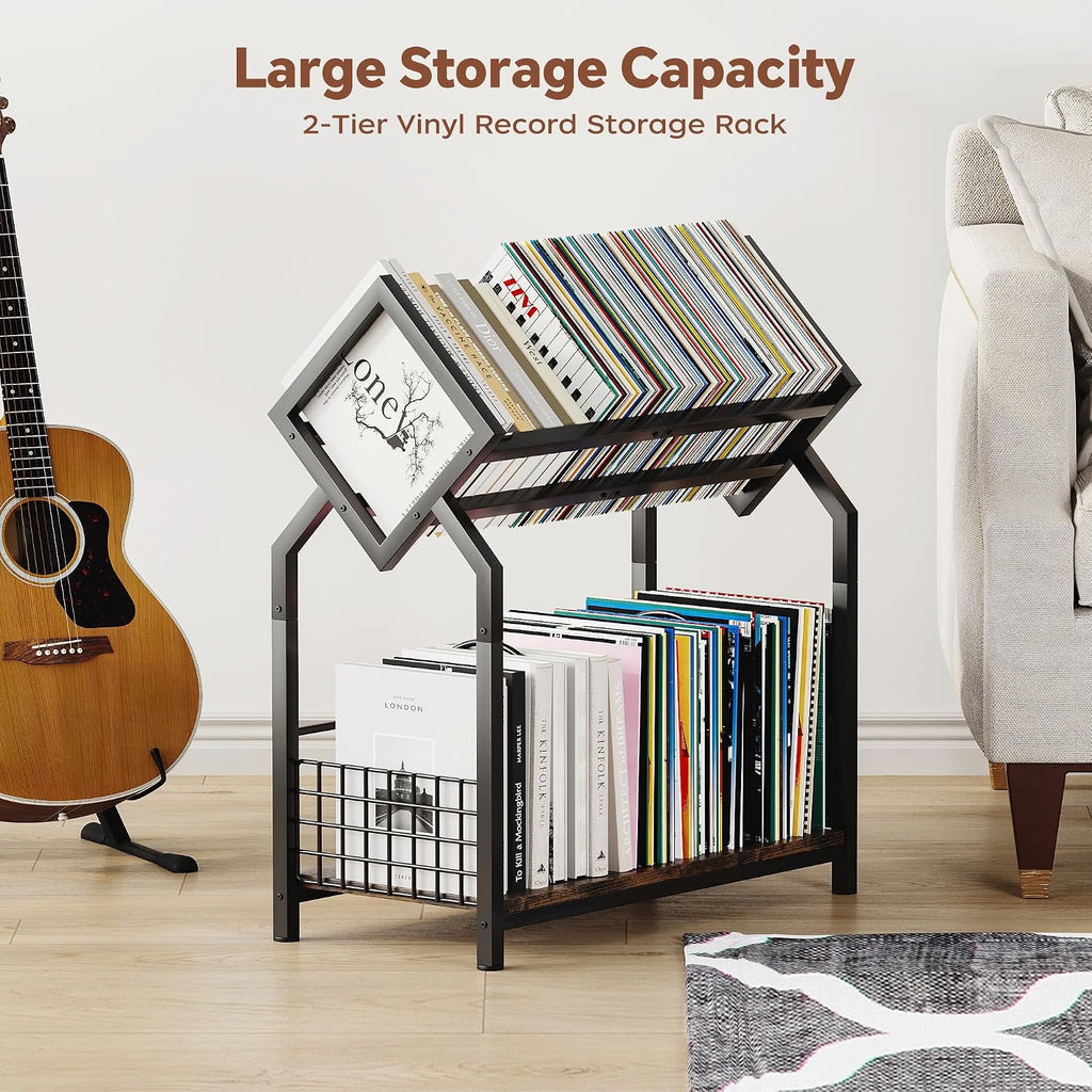 Homeiju 2-Tier Vinyl Record Storage Holder with Dividers, 24.4''W Vinyl Record Display, 300 LPs Vinyl Record Storage Rack, Suitable for Magazines, Books, Documents, Albums