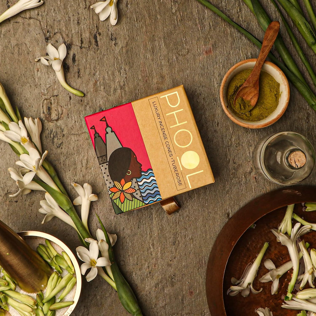 PHOOL LUXURY INCENSE Natural Incense Cones (Bundle Pack of 4) I Special Pack Floral Fragrances - Indian Rose, Tuberose, Lavender, Nagchampa I Organic Dhoop Cones I Chemical & Charcoal Free