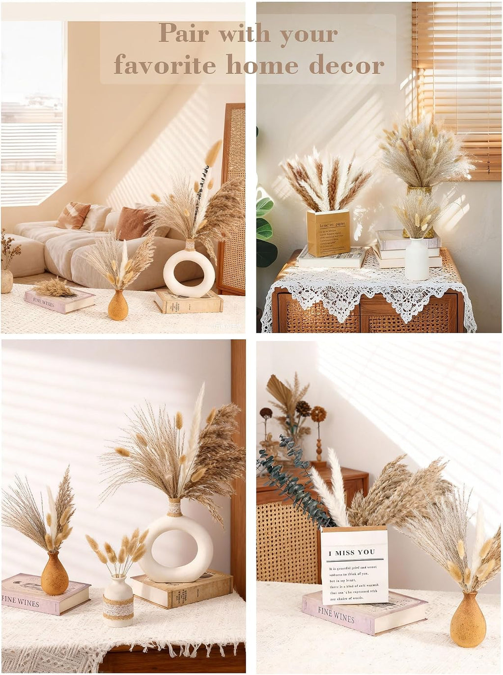 xin's convey 120 PCS Dried Pampas Grass, Dried Flowers, Reed Grass Bouquet for Bohemian Flowers Home Table Wedding Decoration, Rustic Farmhour.(Light Brown)