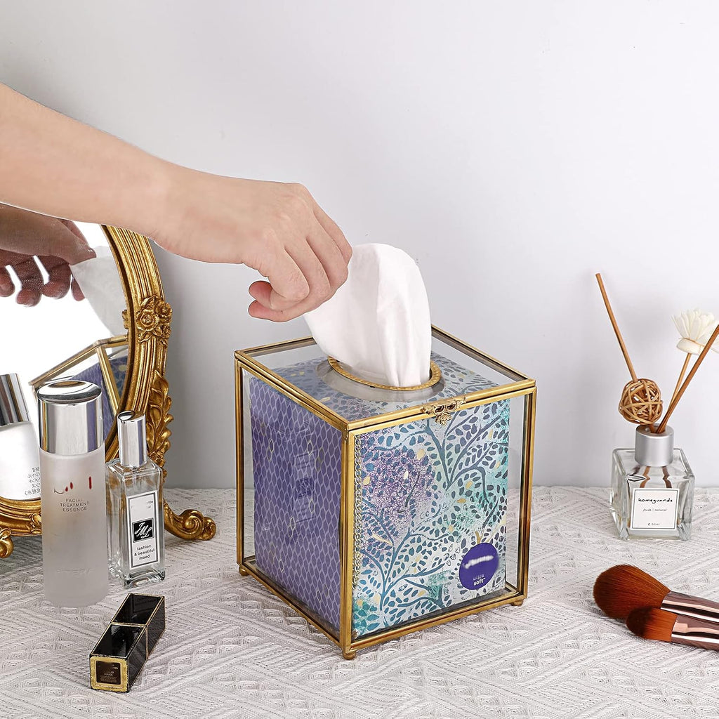 Sumnacon Square Clear Glass Tissue Box Cover, Gorgeous Gold Tissue Holder