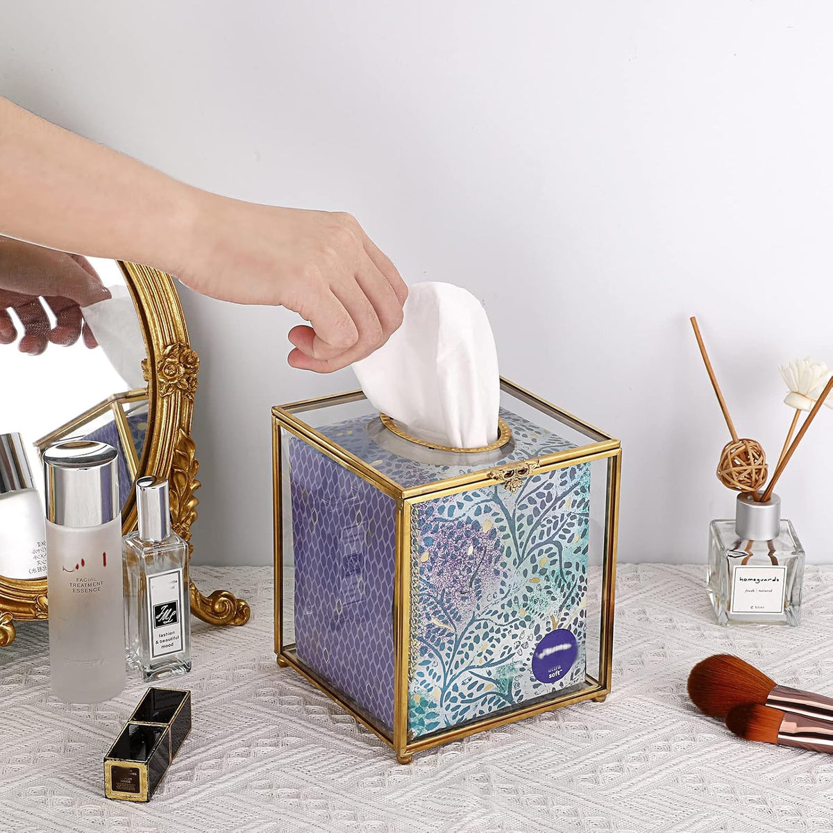 Sumnacon Square Clear Glass Tissue Box Cover, Gorgeous Gold Tissue Holder