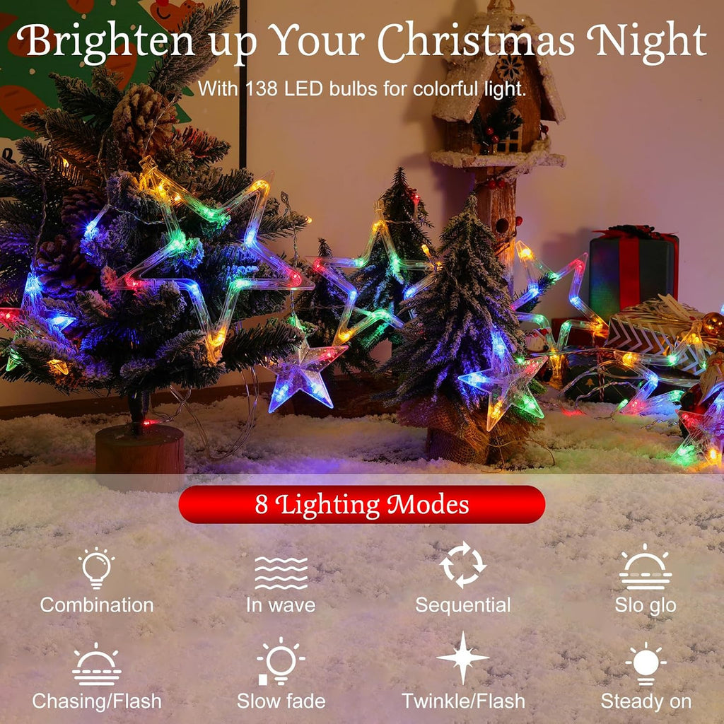 Lewondr 138 LED Christmas Star String Curtain Light with 6H Timer & 8 Modes