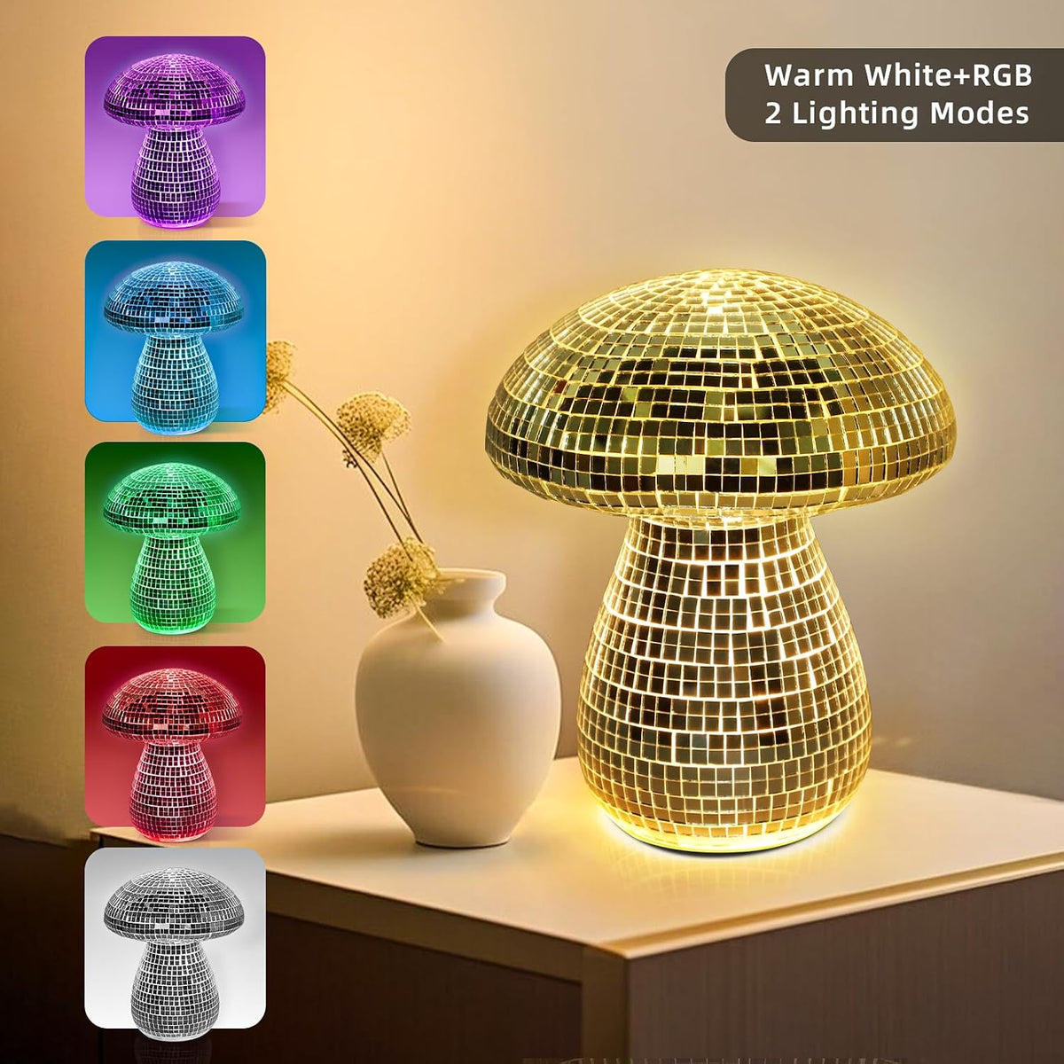Mushroom Table Lamp Decor Light: Disco Glass Bedside Table Lamp with Rechargeable Cordless Touch - 5 Colors, 2 Mood Lighting - Cute Nightstand Lamp for Ambient, Kids, Bedroom, Living, Girl Gift