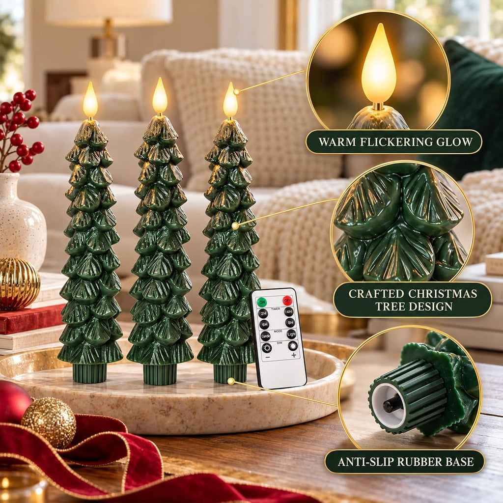Flameless Christmas Tree Shaped Candles, Taper Xmas Window Decor Gifts