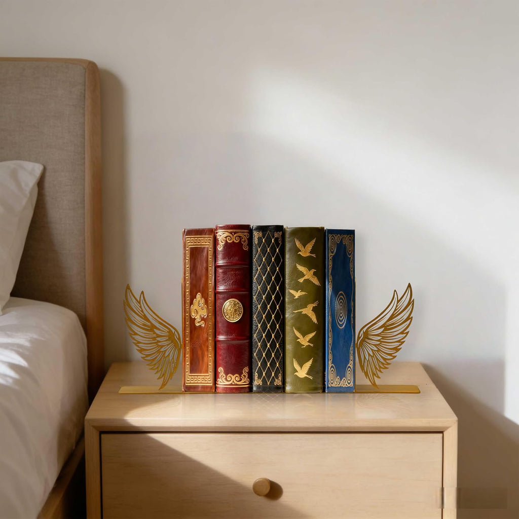 Gold Angel Wings Metal Bookends – Decorative Metal Book Ends for Shelves, Cute Gold Book Holders, Unique Book Stoppers for Home Decor (8.1" x 1.2" x 5.1")