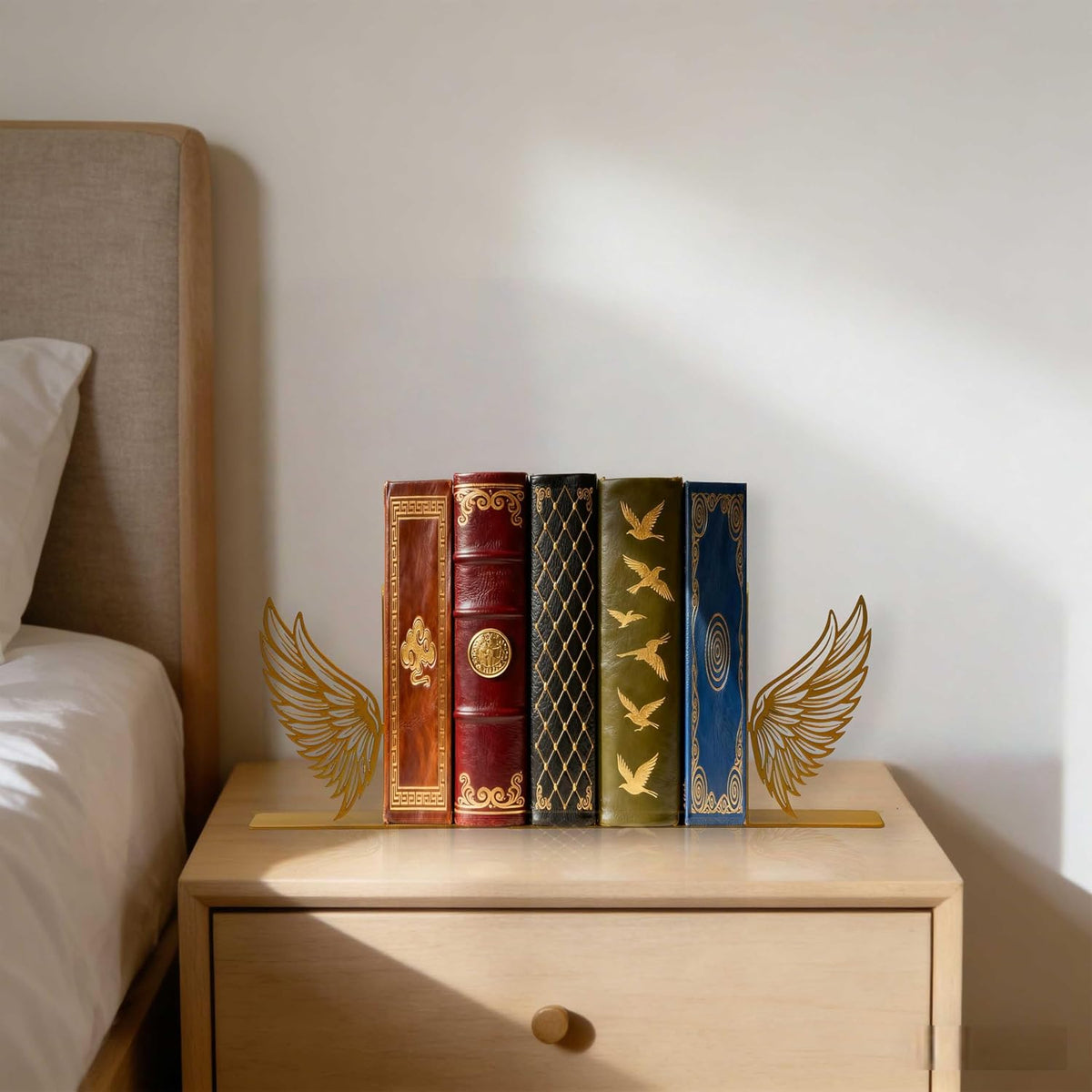 Gold Angel Wings Metal Bookends – Decorative Metal Book Ends for Shelves, Cute Gold Book Holders, Unique Book Stoppers for Home Decor (8.1" x 1.2" x 5.1")