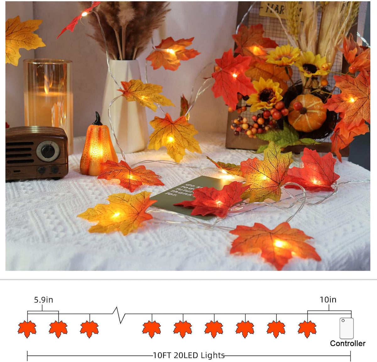 Runleo Fall Decor Maple Leaf Lights 10 ft 20 LED String Lights