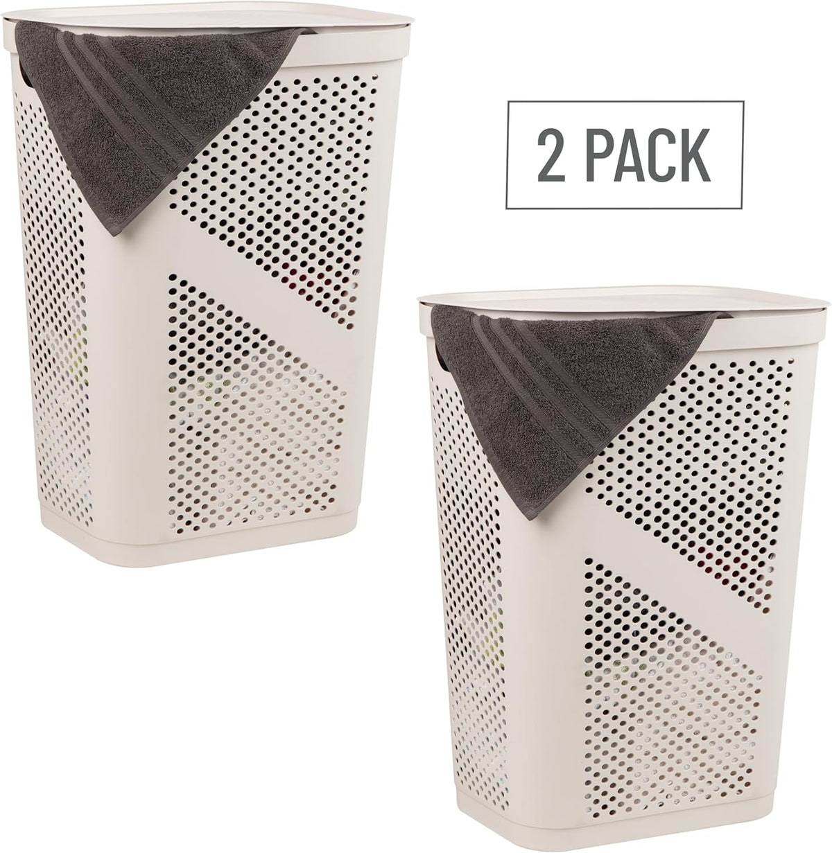 Mind Reader 60L Slim Laundry Hampers, Geometric Cutouts, Set of 2, Ivory