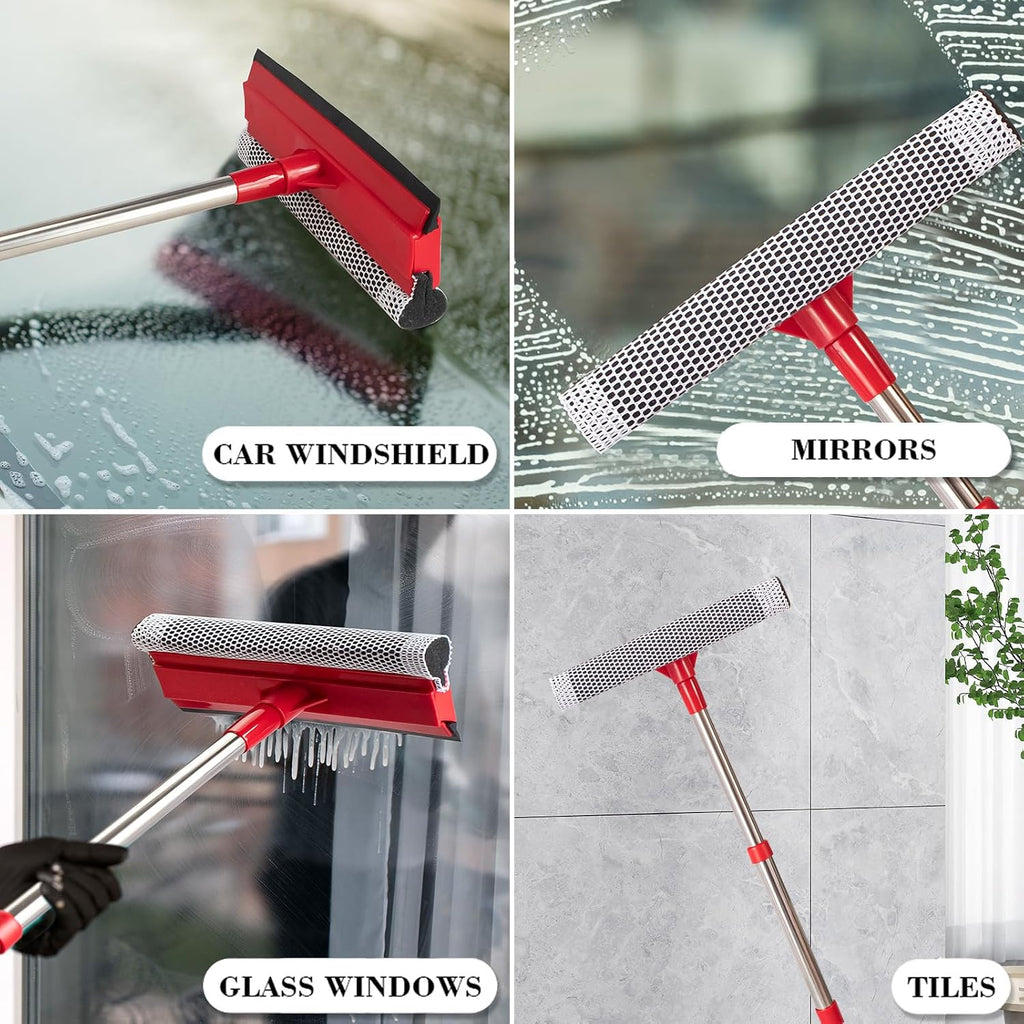 Window Squeegee with 15.7"-27.5" Retractable Stainless Steel Handle, 2-in-1 Windshield Cleaner Tool for Cars, Trucks, Glass Doors, Shower Glass, Outdoor Windows – Window Cleaner (Red)