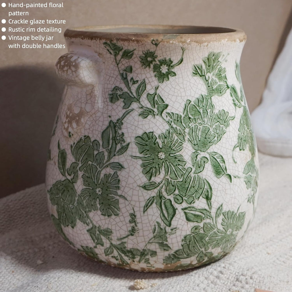 Vintage Green and White Ceramic Floral Vase Planter, Rustic Crackle Glaze Pottery Jar, Hand-Painted Floral Pot Design for Flowers or Plants, Farmhouse & Cottage Home Decor Accent