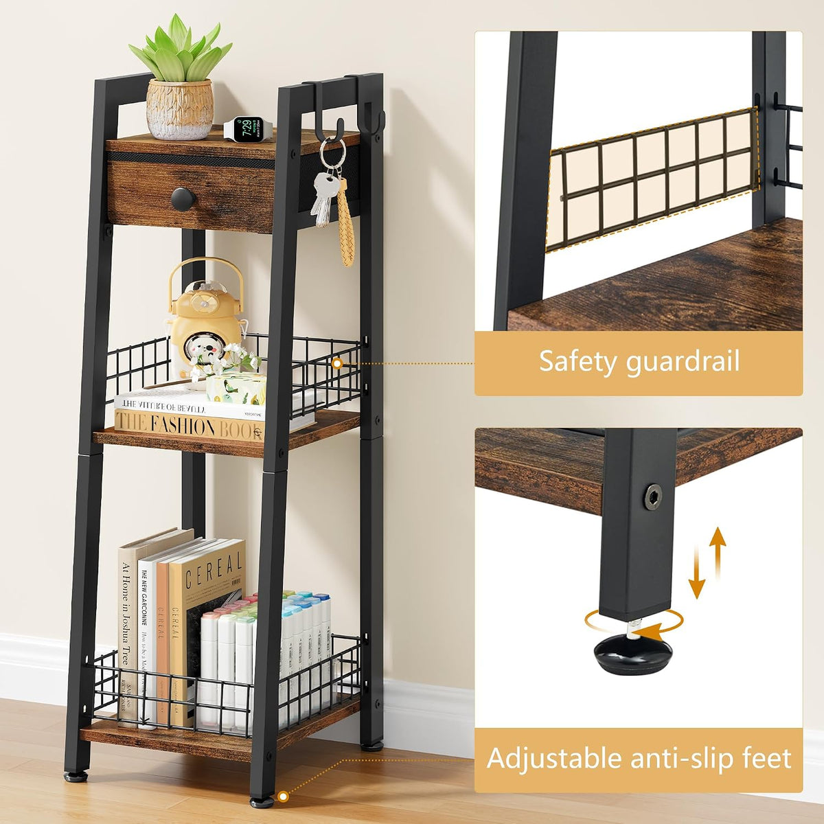 Gewudraw Narrow Bathroom Ladder Shelf with Drawer, 3-Tier, Rustic Brown