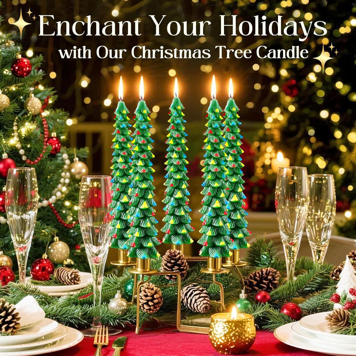 2 Pcs 10 Inch Christmas Tree Candles, Premium Natural Unscented Beeswax Christmas Tree Shaped Taper Candles with Cotton Wick, for Xmas Holiday Decor Party Banquet(Green with Multicolor Trim)