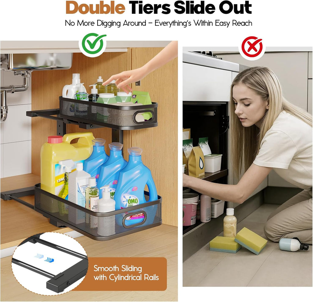 2 Pack 15.7IN-Depth Under Sink Organizer With Smooth Cylindrical Rail,2-Tier Pull Out Multi-Purpose Cabinet Storage for Bathroom&Kitchen,Height Adjustable,Rust-resistant Coating-Black