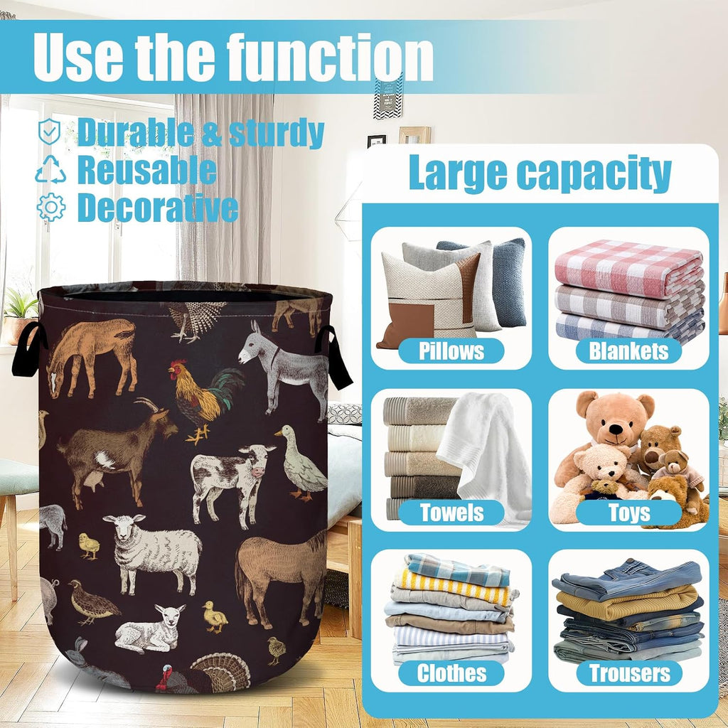 Cute Farm Animals Laundry Basket, Laundry Hamper Collapsible Oxford Cloth with Handle Clothes Storage Bin for Bathroom Laundry Room Bedroom 15.7 X 20 Inch