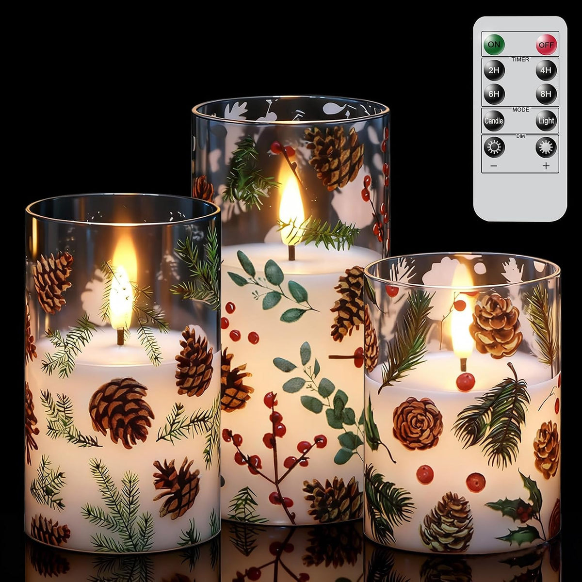 Christmas Pinecone LED Glass Flameless Candles Battery Operated Remote