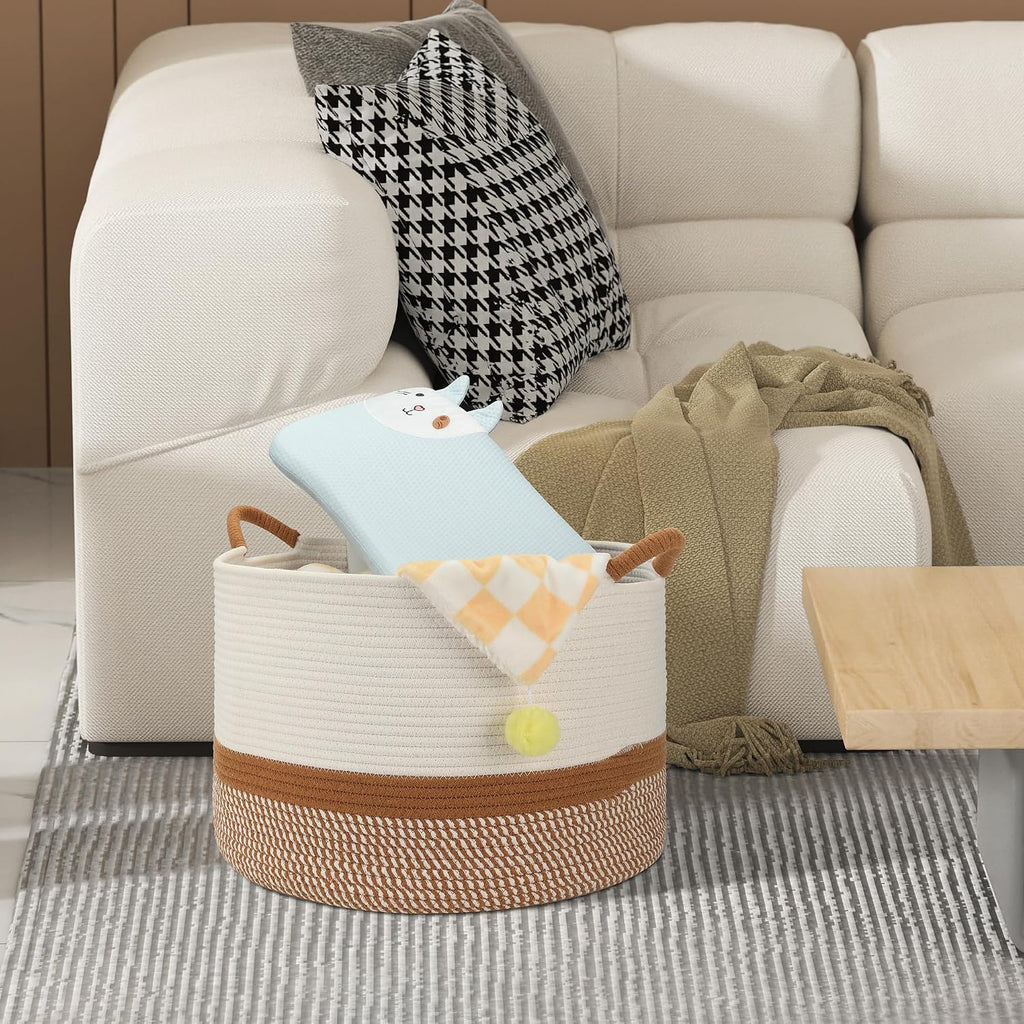 Large Blanket Basket (20"x13"),Woven for Storage Dirty Clothes Basket for Laundry, Living Room, Nursery, Bedroom Rope Storage Basket for Blankets(White/Brown)