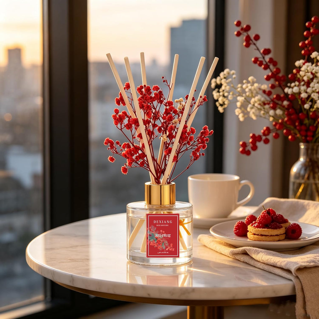 Reed Diffuser Set,3.38 fl oz (100 ml) Red Berries Oil Diffusers with 6 Reed Sticks for Bathroom Shelf Decor Home Fragrance Reed Diffuser