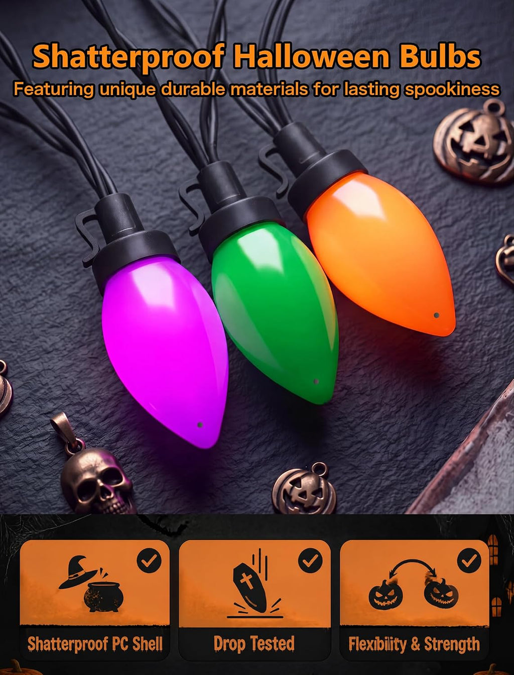 SUNSGNE 26FT 50 LED C9 Halloween String Lights, Orange Green Purple Bulbs